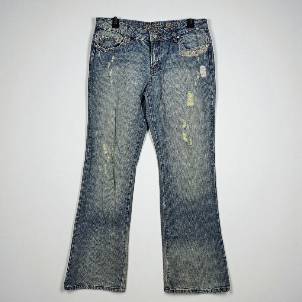 Y2K Younique Jeans Women Junior Size 13 Bootcut Blue Distressed Embellished‎